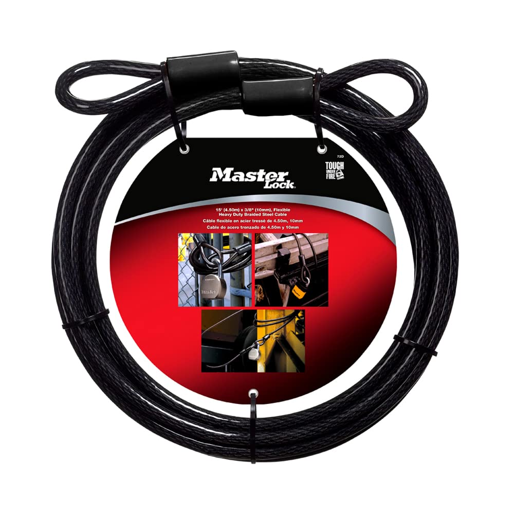 Master Lock 72DPF Braided Steel Looped Ends and 3/8 in. Diameter, Black, 15 ft. Cable