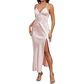 Yixinjew Summer Satin Spaghetti Strap Backless Maxi Dress for Women Formal Silk Tie Back Wedding Guest Dress with Slit
