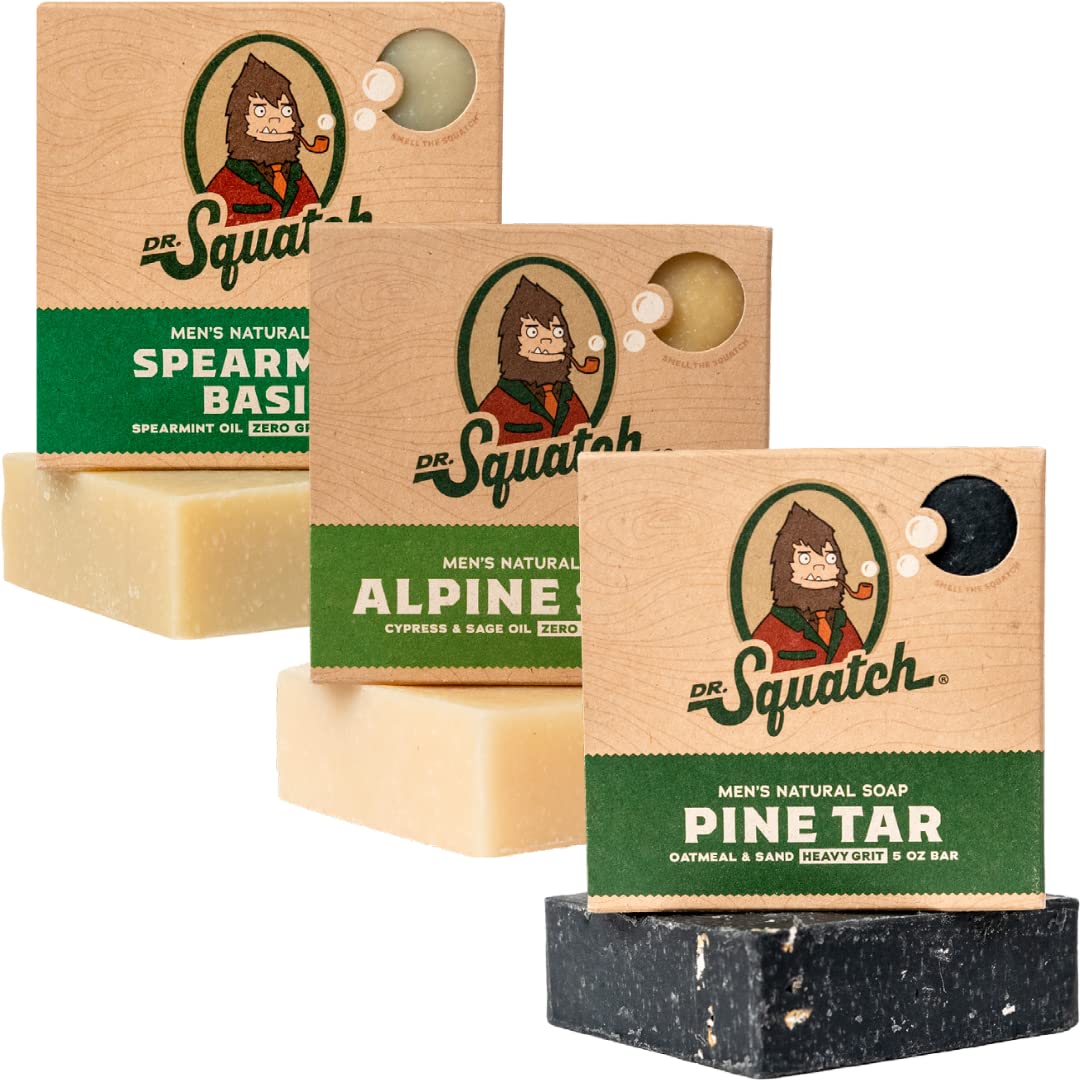 Dr. Squatch Natural Men’s Bar Soap - Cold Process Body Soap Bar with Natural Oils - Gifts for Men - Pine Tar, Alpine Sage, Spearmint Basil (142g, 3 pack)