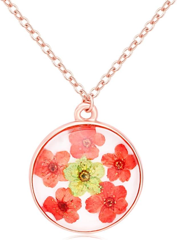 RUXIANG Dried Flower Pendant Necklace Locket Round Shape Rose Gold Plated Natural Glass for Women