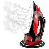 OMAIGA Cordless Steam Iron for Clothes, 1500W, Ceramic Soleplate, Red | 360-degree power base, auto shut-off, self-clean, anti-calc, 3 temperature settings, 11.84 oz water tank, for home ironing