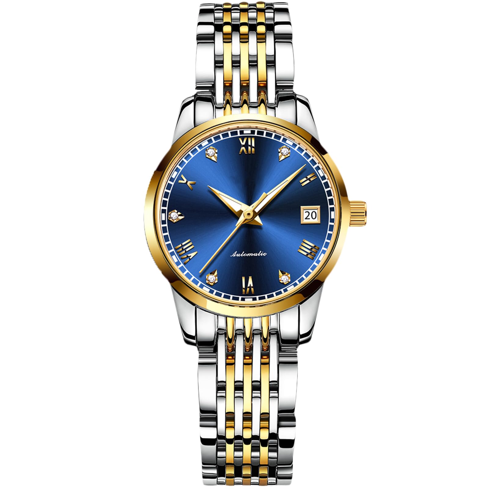 RORIOS Women's Automatic Winder Watch Luminous Roman Numerals Watch Stainless Steel Bracelet Fashion Waterproof Mechanical Watch, Blue, Bracelet