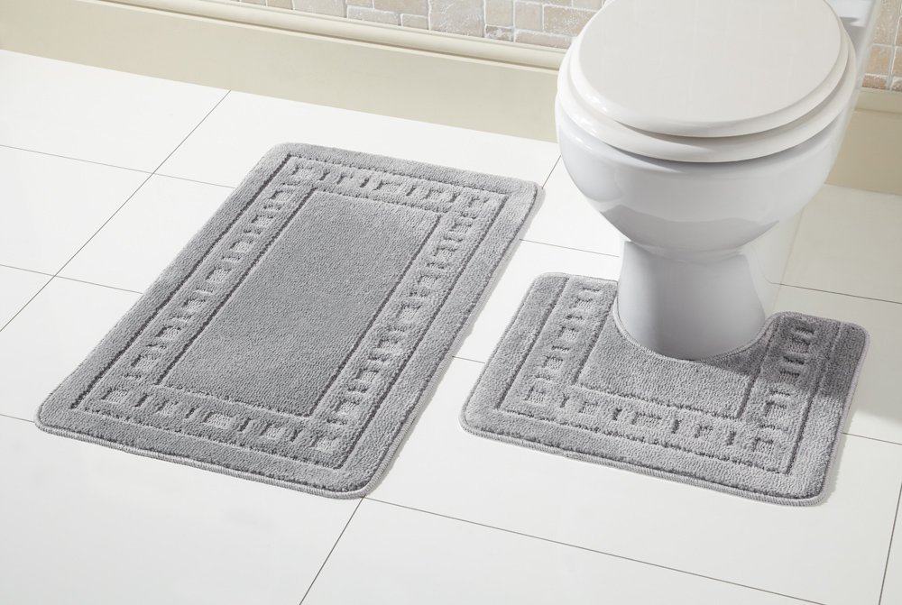Olivia Rocco Miami 2 Piece Bath Mat & Pedestal Set, Non Slip Bathroom Set (Silver)
