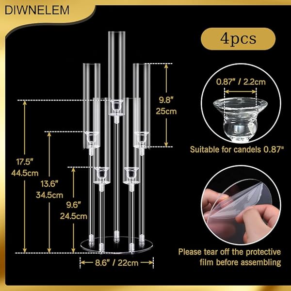 DIWNELEM 4PCS ACRYLIC CANDELABRA CENTERPIECES FOR WEDDING 5 ARM CLEAR CANDLE CANDLESTICKS HOLDERS 25.5″ TALL CRYSTAL TAPER CANDLESTICK WITH SHADE FIT 0.87” LED CANDLE FOR CHRISTMAS PARTY HOME DECOR