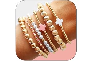 HUASAI Gold Bracelet Stack for Women Beaded Bow Bracelet Non Tarnish Chunky Stretch Paperclip Cross Pearl Bracelets Set Christmas Jewelry Gifts Stocking Stuffers for Teen Girls