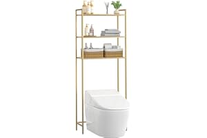 Homhedy Over The Toilet Storage, Metal 3-Tier Over-The-Toilet Bathroom Organizer Rack, Tempered Glass Shelves, Space-Saving, for Bathroom, Restroom, Laundry, Modern Style, Golden