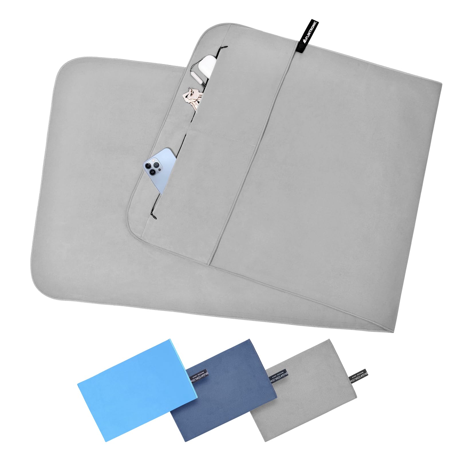 flintronic Microfibre Towel, 130x55CM Microfibre Travel Towel with Zipper Pocket, Lightweight Absorbent, Ultra-lightweight & Fast Drying, for Sports, Gym, Yoga, Camping & Backpacking