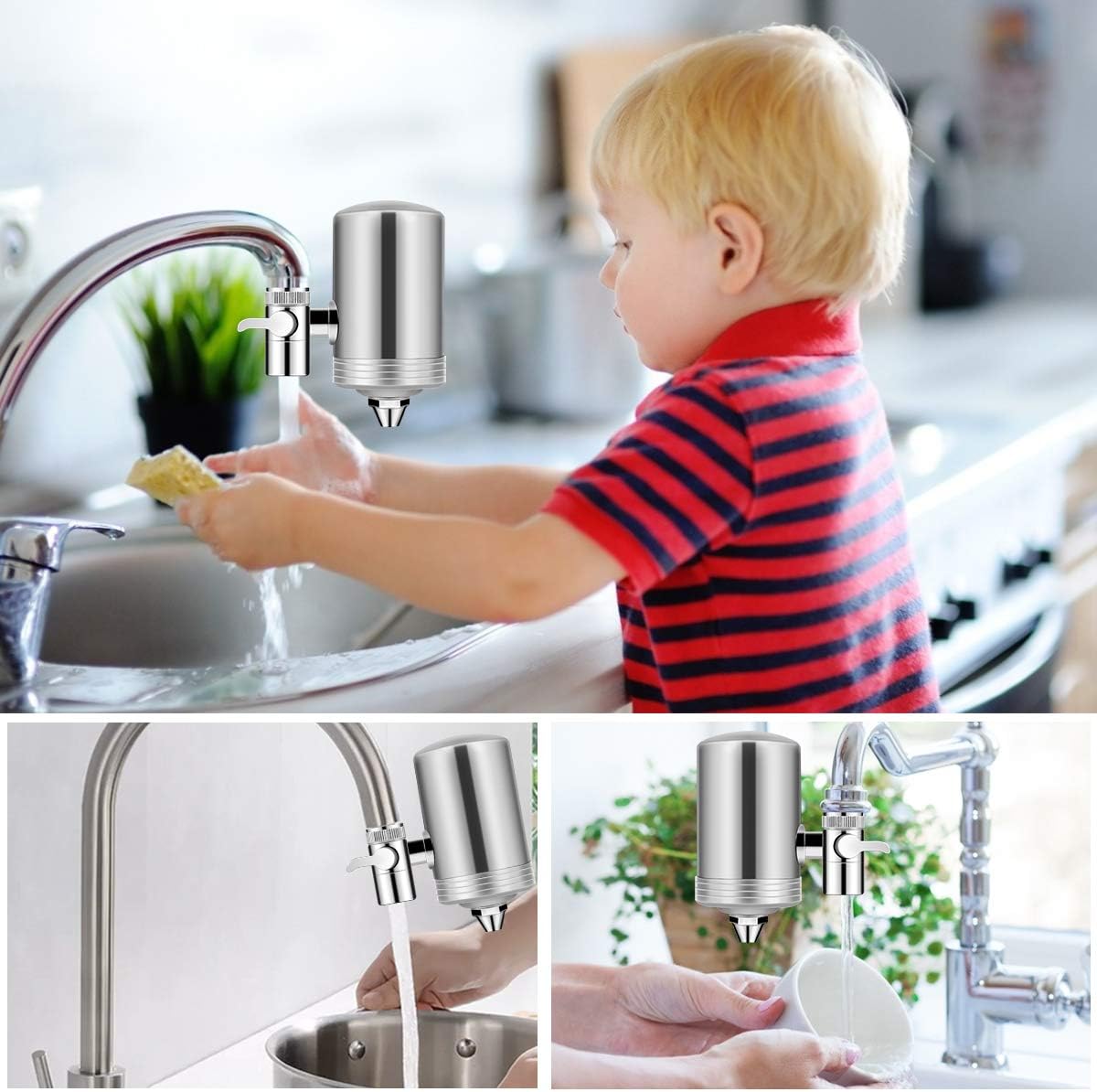 Dimener Faucet Water Filter, Water Purifier Sink Filter 304 Stainless-Steel Tap Water Filter System, Reduce Chlorine, Lead Reduction, Double Outlet (2 Filter Cartridges Included) - - 