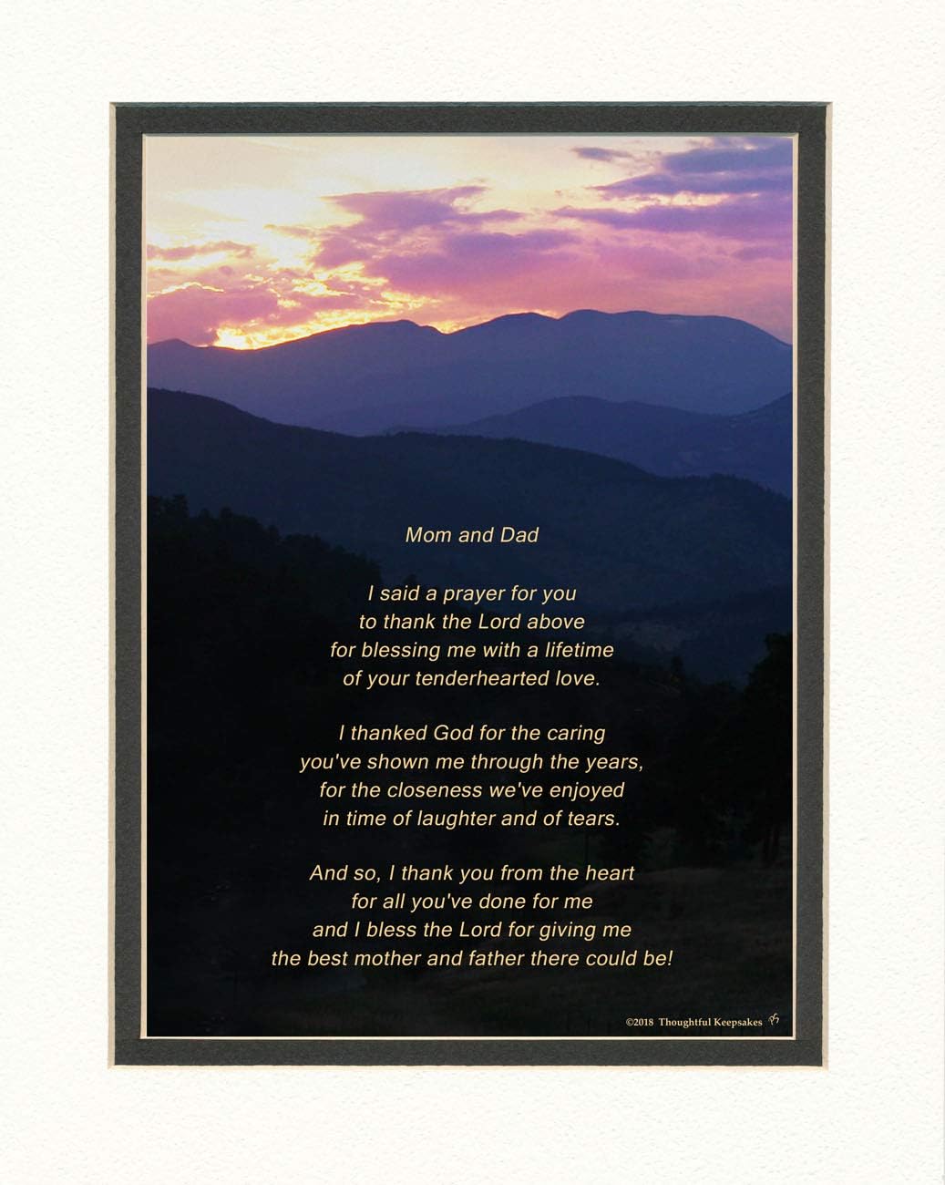 Photographs - Dad and Mom Gift for Your Parents with Thank You Prayer Poem. Mt Photo, 8x10 Double Matted. Father and Mother - Parents Gift for Christmas, Wedding, Gifts for Mom and Dad