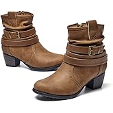 VJH confort Women's Mid Calf Boots,Round Toe Comfort Low Heel Slouchy Dress Booties with Buckle Strap Side Zipper