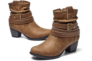 VJH confort Women's Mid Calf Boots,Round Toe Comfort Low Heel Slouchy Dress Booties with Buckle Strap Side Zipper
