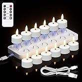 KunSwenn Rechargeable Tea Lights Candles Battery Operated, 12 Pcs White Battery Tea Lights with Remote and Charging Base, LED Flickering Tealights for Halloween Fall Christmas Decoration