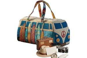 Unisex Boho Quilted Weekender Travel Bag, Hippie Van Daisy Peace Sign Duffel Bag, Colorful Tie-Dye Overnight Bag for Travel (