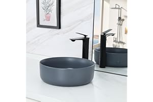 bathivy 14.2" Matte Gray Round Vessel Sink with Pop Up Drain, Bathroom Vessel Sink, Bathroom Sink Above Counter, Vessel Sink for Bathrooms, Ceramic Vessel Sink, Small Sink Bowl, Countertop Vessel Sink