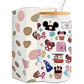 Cartoon Mouse Castle Iced Coffee Cup Cartoon Gifts Merchandise 16oz Glass Cup with Lid and Straws Birthday Christmas Gifts for Cartoon Lovers Fans Women Teen Girls Friends Sister Her