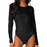 JWJP&CCYIQI Long Sleeve Sequin Bodysuit Glitter Sparkle One Piece Top with Sheer Mesh Thong