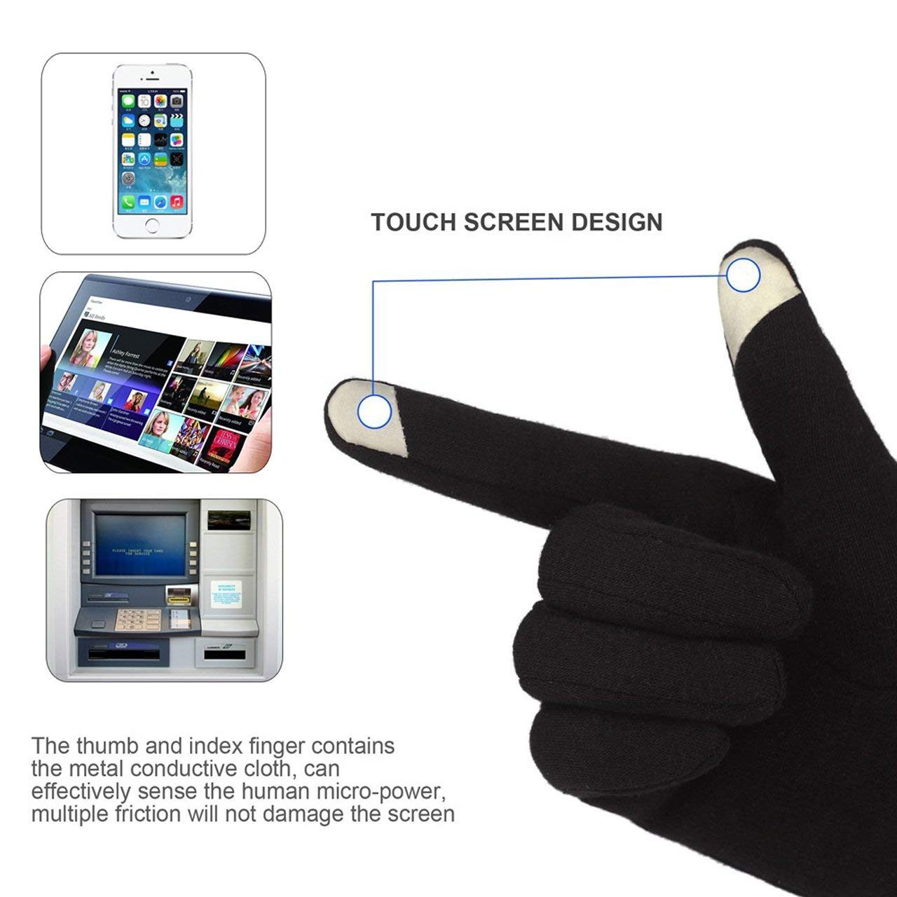 A-Rainbow Black Winter Warm Touch Screen Gloves for Women Lined Thick Texting Fleece Mittens