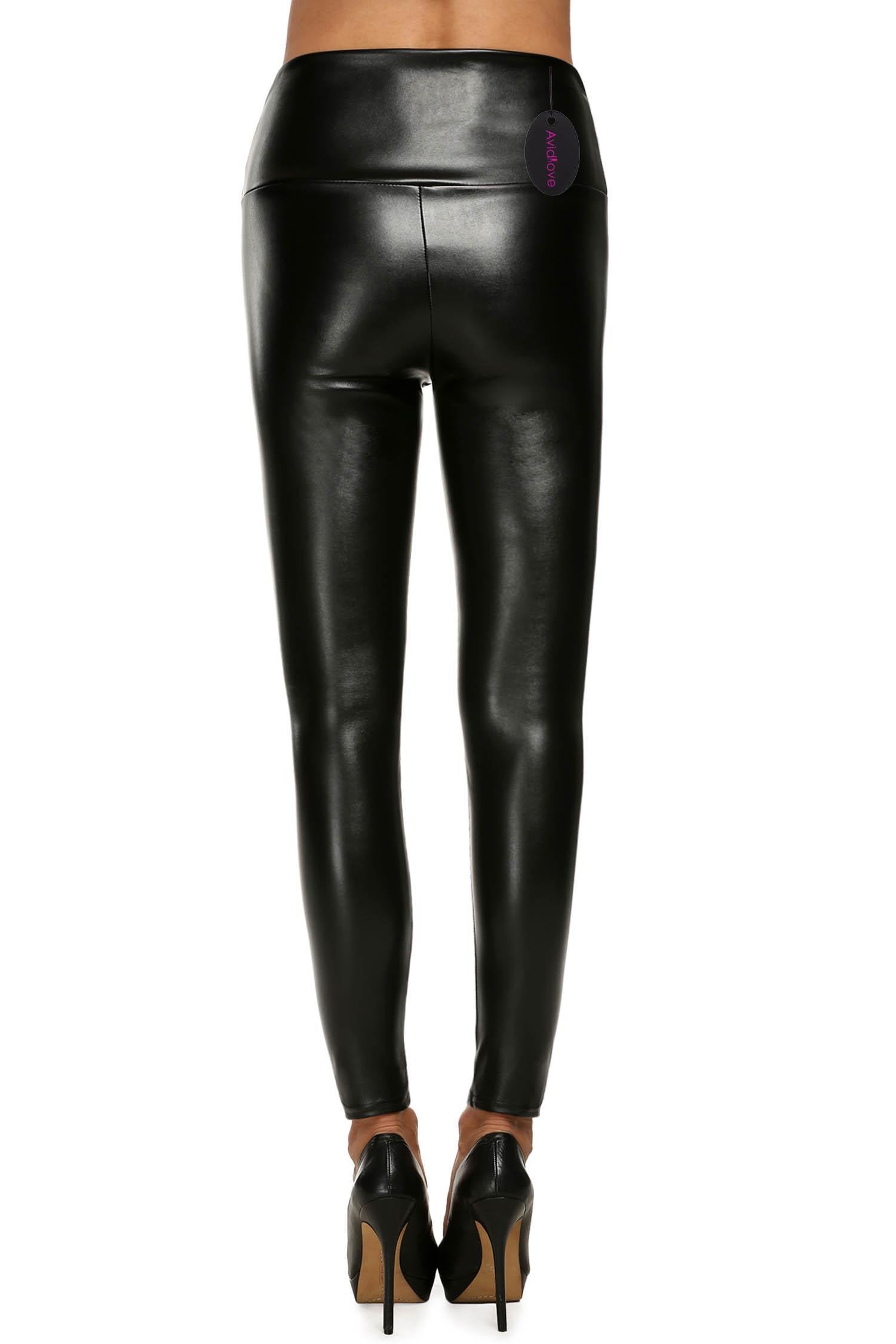 ELOVER Women Faux Leather High Waist Leggings Skinny Pencil Pants Thick Black