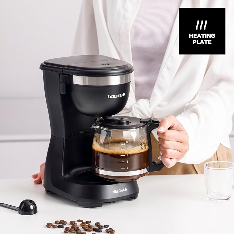 Taurus Verona 6 Drip Cafeteira, 600W, 600 ml, Intense Flavour Tech, Placa de aquecimento, Filtro permanente lavável, Jarro de vidro anti-gotejamento, Design compacto preto mate, BPA Free