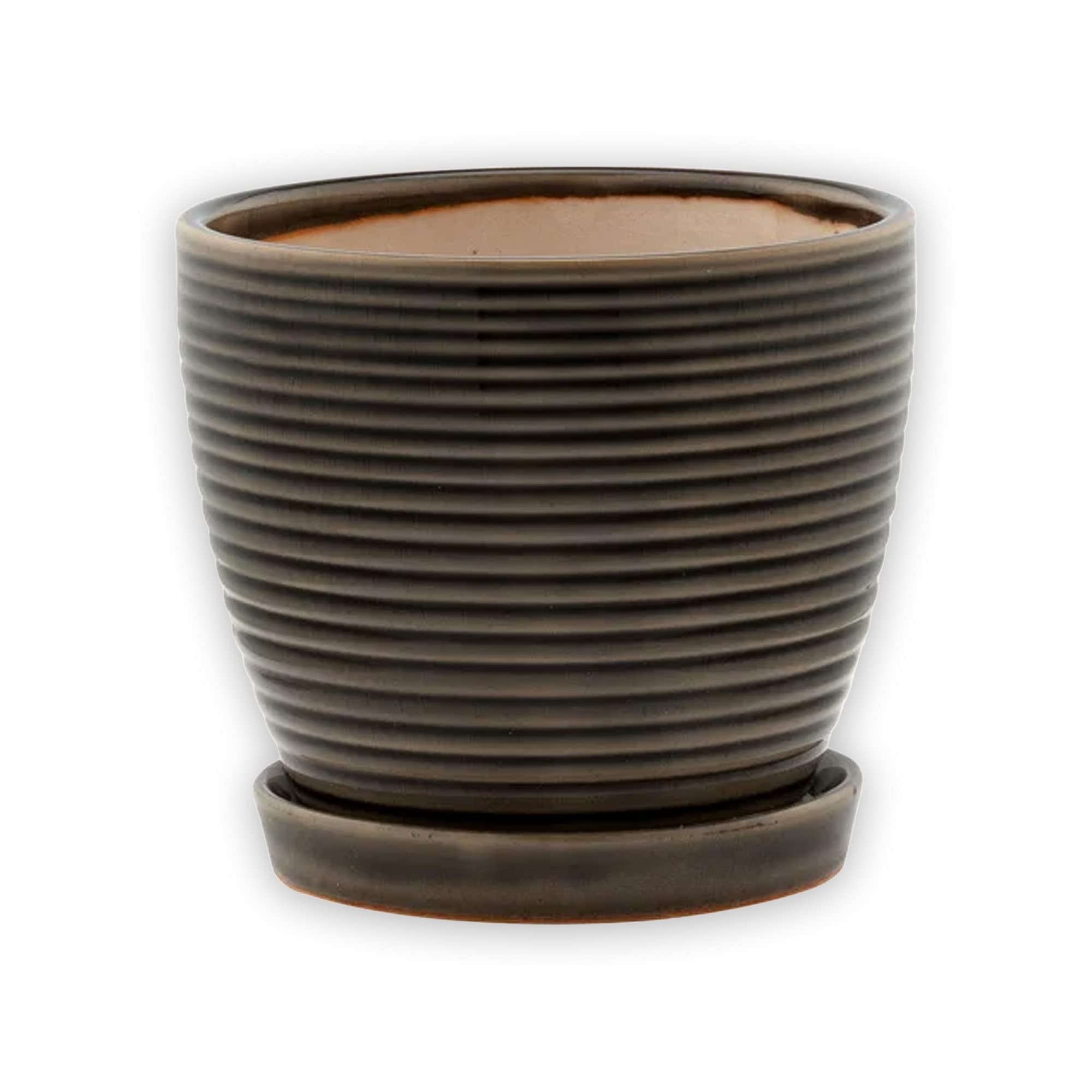 Photo 1 of Napco 13924 Ribbed Brown 6 x 6.5 Ceramic Standing Container Garden Planter Pot with Saucer