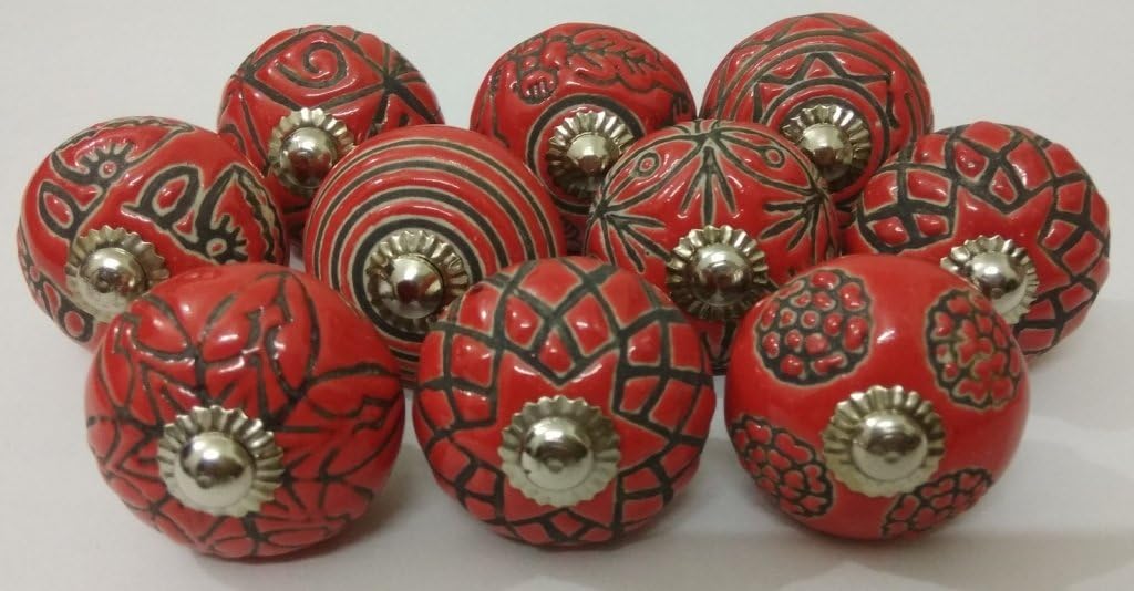 Indian Knobs 10 Red Vintage Look Hand Carved Ceramic Door Knobs Kitchen Cabinet Knobs