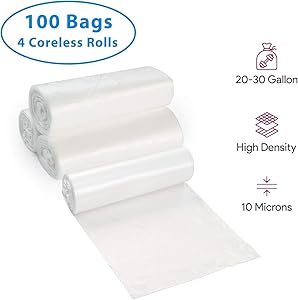 20-30 Gallon Clear Garbage Can Liners, 100 Count - Medium - Large Trash Can Liners - High Density, Thin, Lightweight, 10 Microns - For Office, Home, Hospital, Wastebaskets - 4 Coreless Rolls