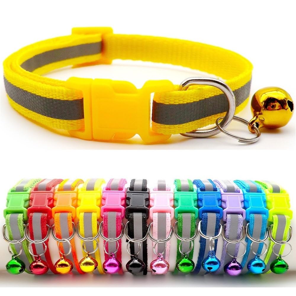 Small Dog Puppy Pet Collar Reflective Hi-Vis Strip with Bell Nylon Adjustable Size 19-32cm Yellow