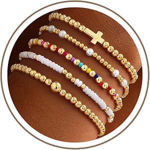 Turandoss 5PCS 14K Gold Plated Beaded Stretch Bracelets Set for Women | Stacked Bow Cross Wave Knot Pearl Beads Bracelet Set,
