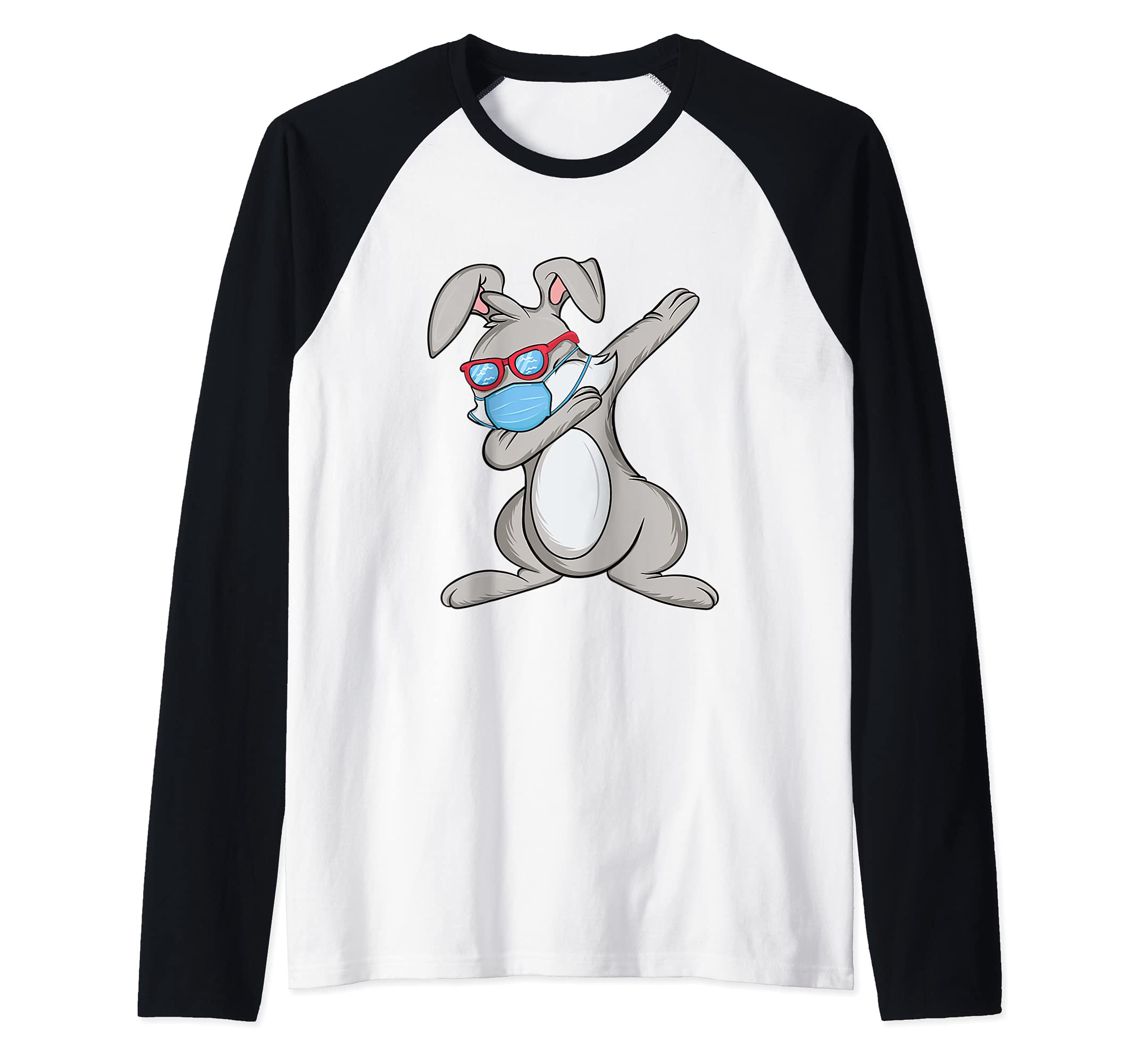 Dabbing Easter Bunny Wearing Face Mask Raglan Baseball Tee