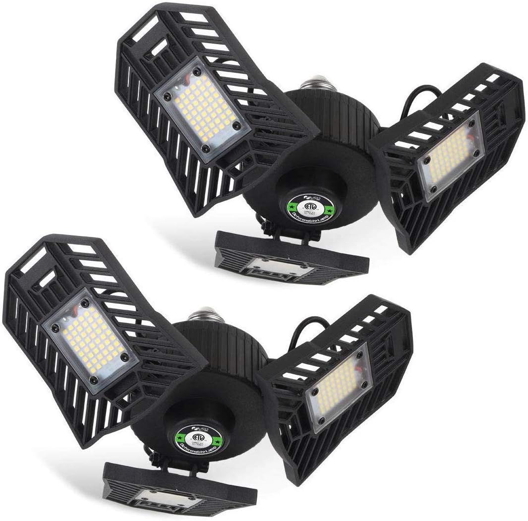 Tanbaby LED Garage Lights 2 Pack Garage Light Ceiling LED 6000LM 6000K E26 Tribright LED Adjustable Light Flex Led Garage Light Three Leaf Garage Light for Garage Basement Barn