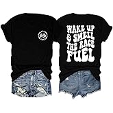 Semisun Racing Shirt for Women Wake Up and Smell The Race Fuel Tshirt Race Day Shirt Funny Graphic Tee Casual Short SleeveTop