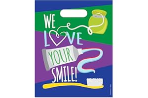 Practicon We Love Your Smile 8" x 10" Dental Giveaway Bag, Dental Hygiene Patient Care Goodie Bag, Dentist Office Plastic Gift Bags, 100 Pack