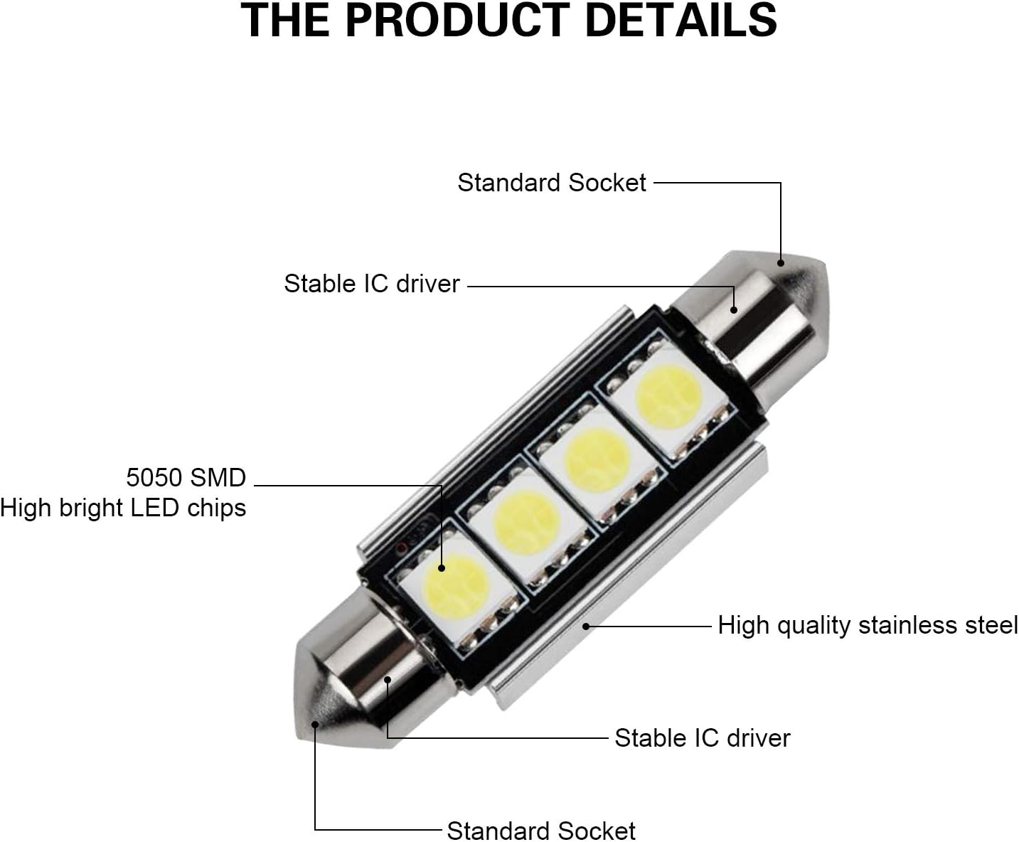 Justech Can-bus Error Free LED SMD Bulbs Kit Set Spare Parts for Car Interior Dome Map Door Courtesy License Plate Lights Festoon C5W T10 168 194 2825 Xenon-White - Image 3