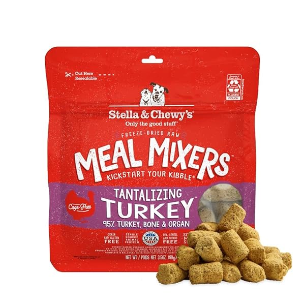 STELLA & CHEWY’S FREEZE-DRIED RAW TANTALIZING TURKEY MEAL MIXERS- DOG FOOD TOPPER AND MIXER – MADE WITH 95% CAGE-FREE TURKEY, ORGANS & BONE – PERFECT FOR PICKY EATERS – GRAIN-FREE – 3.5 OZ