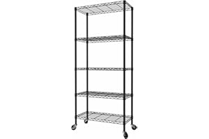 SINGAYE 5-Shelf Adjustable, Heavy Duty Storage Shelving Unit on Wheels, Steel Organizer Wire Rack, 30" W x 14" D x 70" H,Black