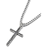 PARIVEA 925 Sterling Silver Cross Necklace Men - Oxidized Hammered Cross Pendant with Stainless Steel Cuban Link Curb Chain Vintage Unique Crucifix Necklaces Silver Jewelry for Mens Women 16-30 Inches