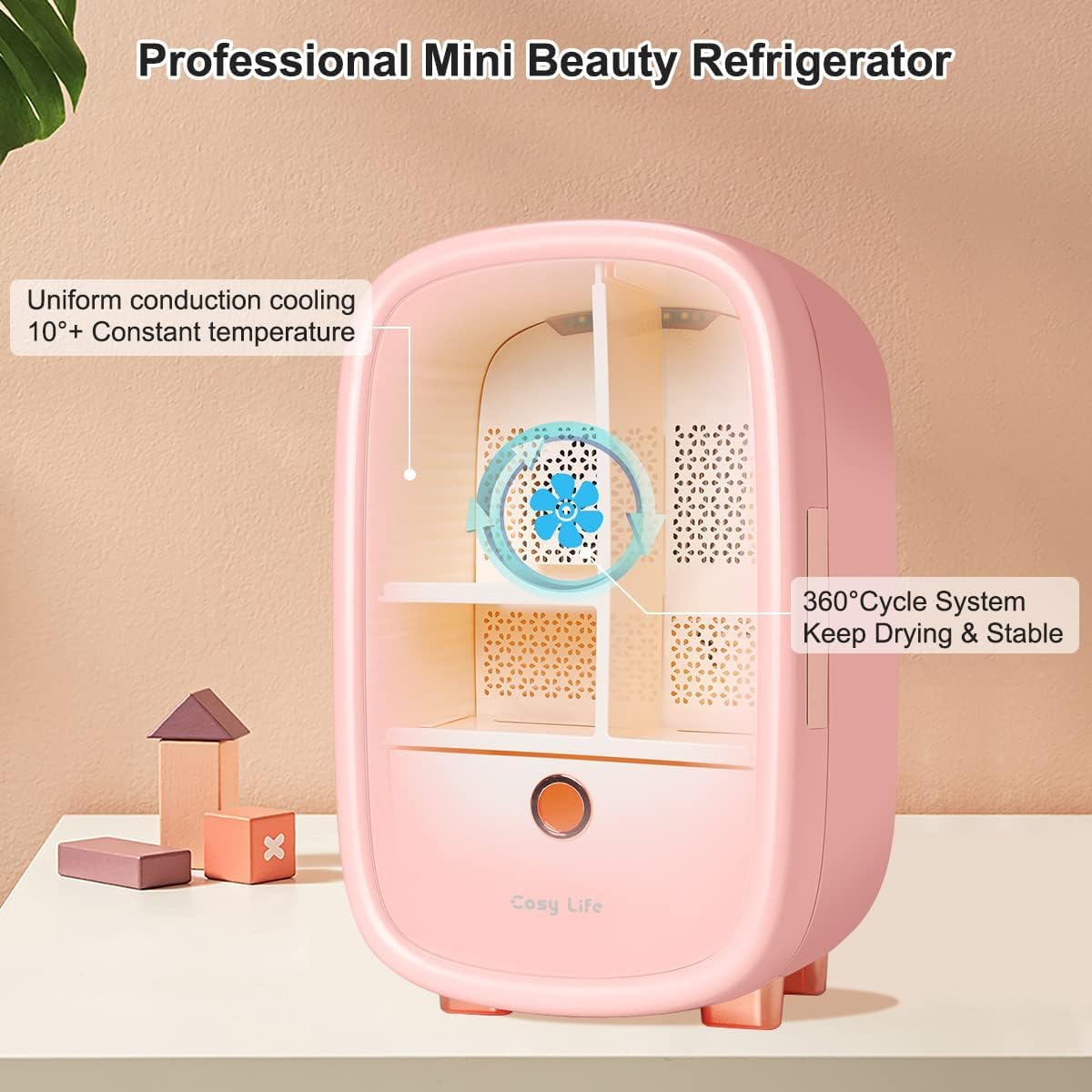 Skincare Fridge 12 Liter, Beauty Fridge for Comestic Storage, 10°C/50°F + Intelligent Constant Temperature Control Mini Compact Pink Cosmetics Refrigerator for Makeup Lipstick