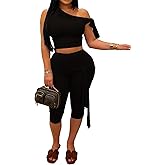 CXXQ Sexy 2 Piece Outfits Off Shoulder Self Tie Crop Tops and Capri Legging Set Tracksuits Clubwear