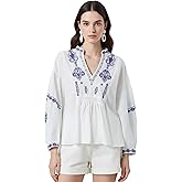 TUREAU Womens Embroidered Shirt Long Sleeve Peasant Blouse Lantern Sleeve Boho Tops V Neck Loose Lightweight Casual Tunic