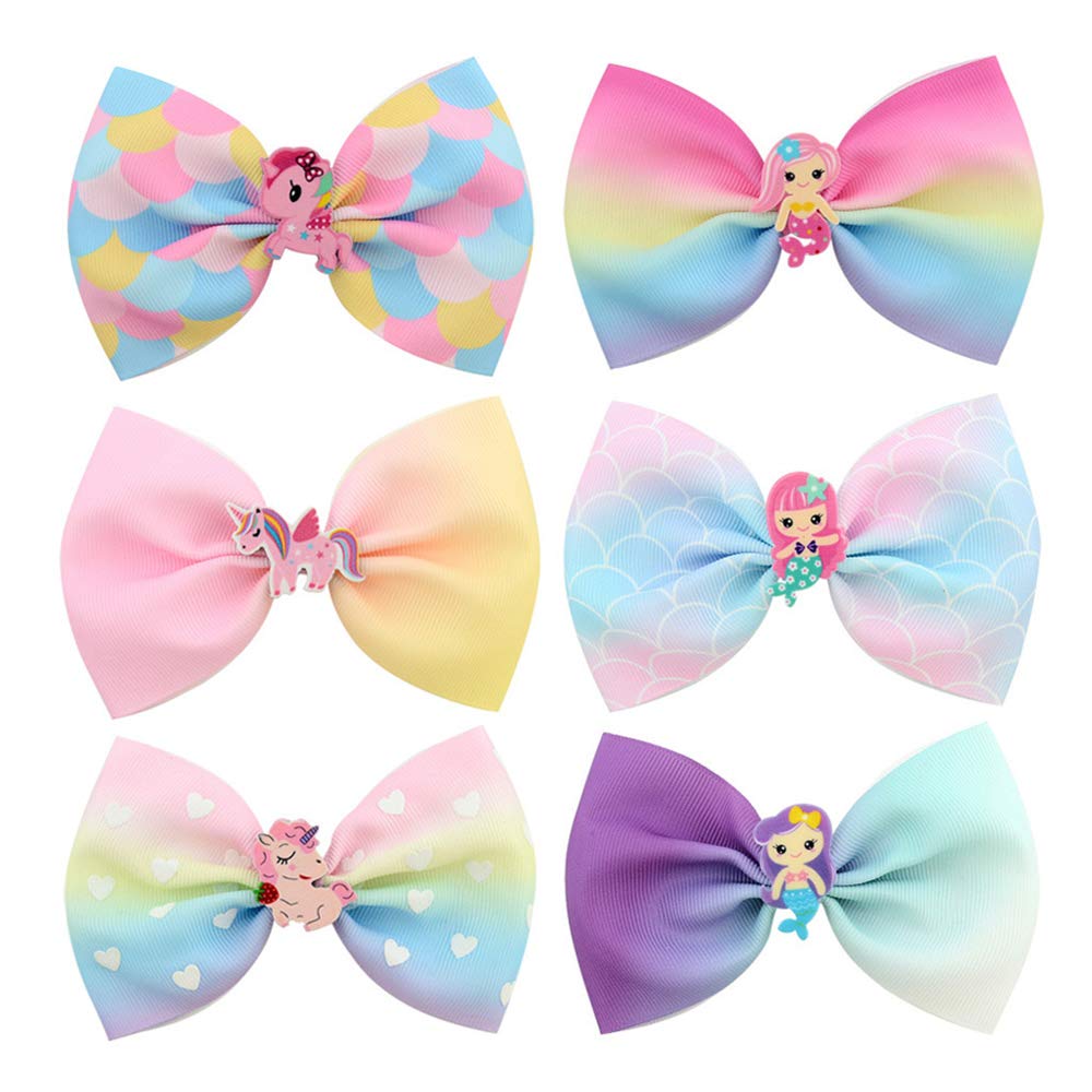 6Pcs Bow Hair Clips Hair Bows Alligator Clips Gradient Color Headwear Mermaid Unicorn Rainbow Clips Grosgrain Ribbon Hair Barrettes for Toddler Teens Kids Girls