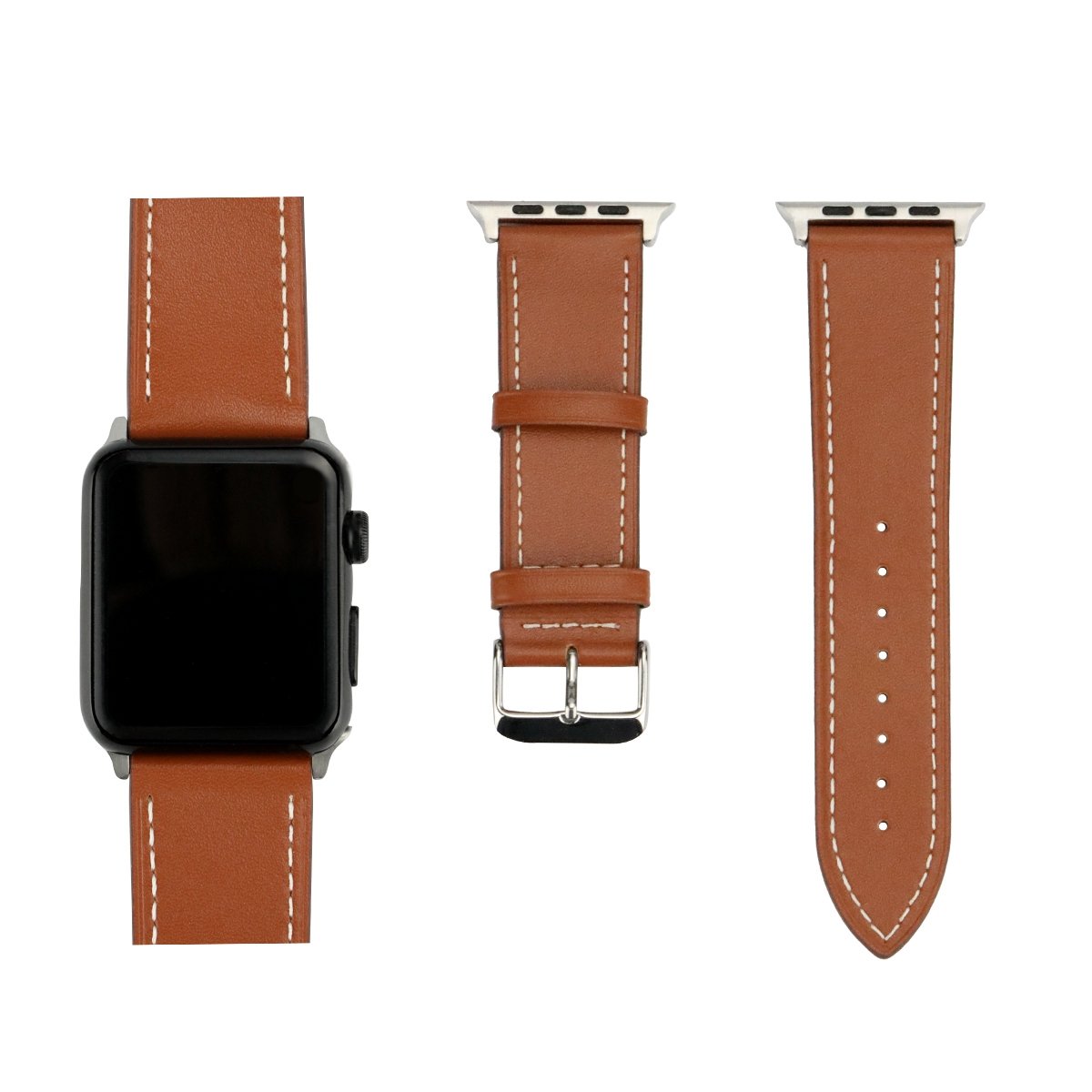 For Apple Watch Band 38mm,OMO Genuine Leather Iwatch Band Replacement Strap with Buckle Adapters for Apple Watch Series 3 Series 2 Series 1 Sport Edition 38mm Brown