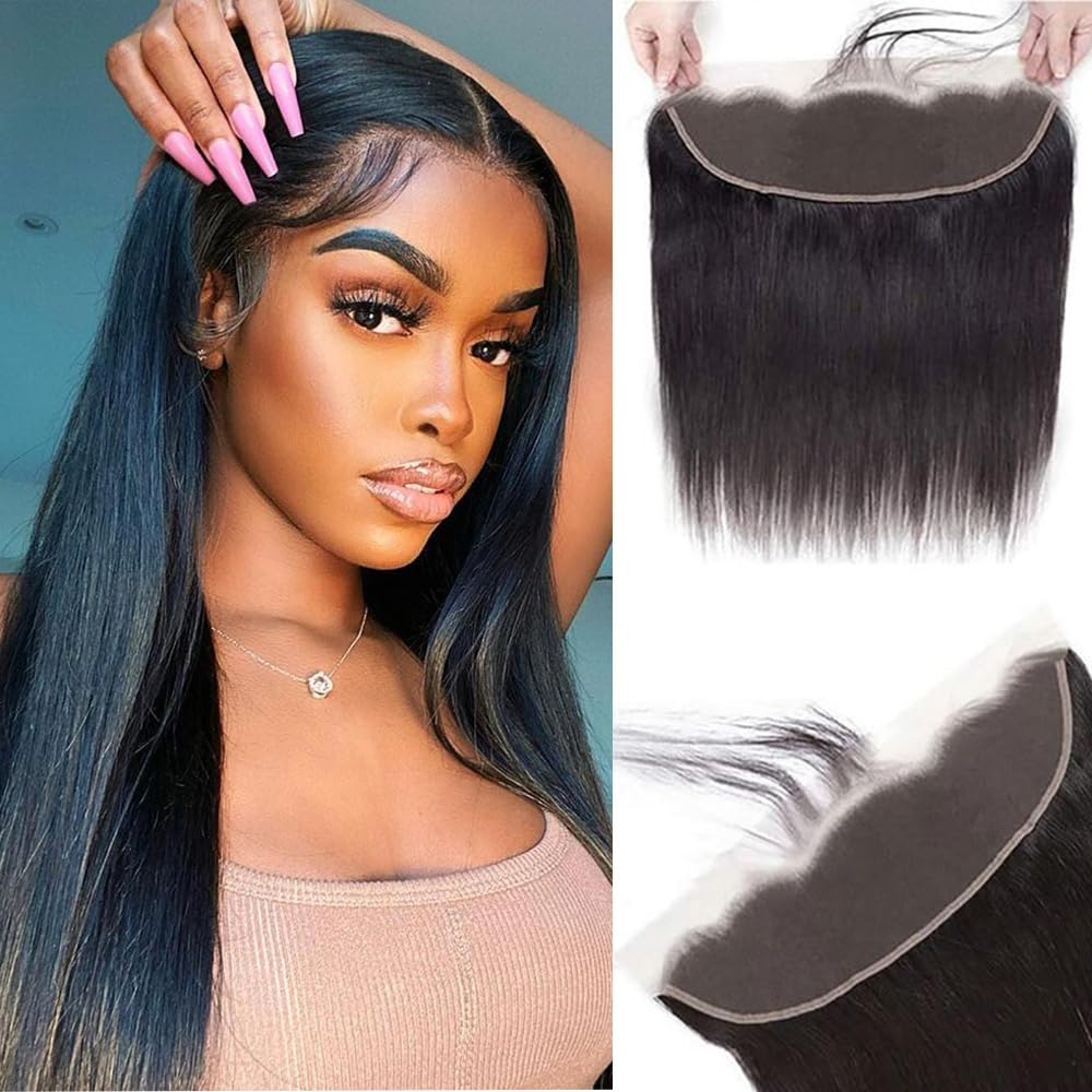 Brazilian Virgin Straight Human Hair 13x4 Lace Frontal 14Inch 100% Unprocessed Silky Straight Transparent Human Hair Ear to Ear Lace Frontal Natural Black Color โ image 1