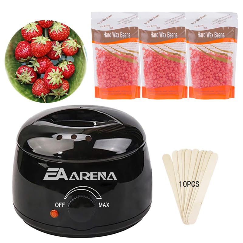 Wax Warmer Kit for Hair Removal With Bowl, 3 Bags Wax Beads, Applicator Sticks - Professional Waxing Machine for Full Body at Home (Strawberry Black Pot)
