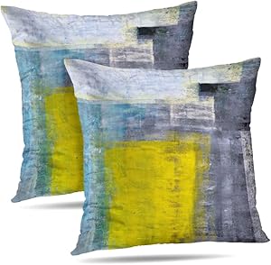 Alricc Set of 2 Teal Grey and Yellow Art Modern Contemporary Office Wall Decorative Throw Pillows Cushion Cover for Bedroom Sofa Living Room 18X18 Inches