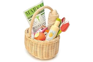 Tender Leaf Toys - Wicker Shopping Basket - Handcrafted Wicker Basket with Handle - Wooden Picnic Basket Playset, Supermarket