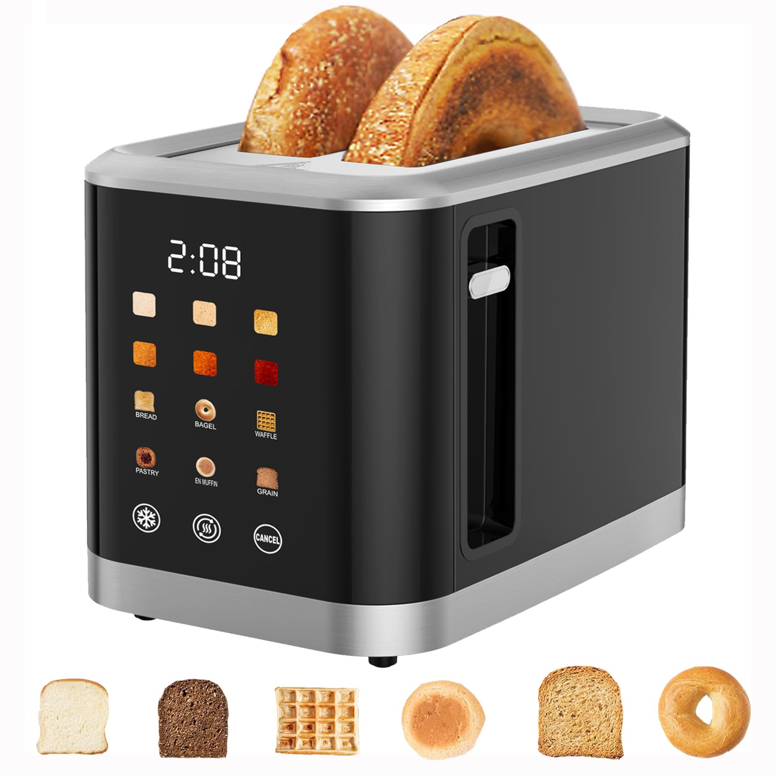 Touch screen Toaster 2 Slice Digital Timer Toasters with 6 Bread Types & 6 Shade Settings, Smart Extra Wide Slots Toaster with Bagel Defrost Reheat Cancel Function