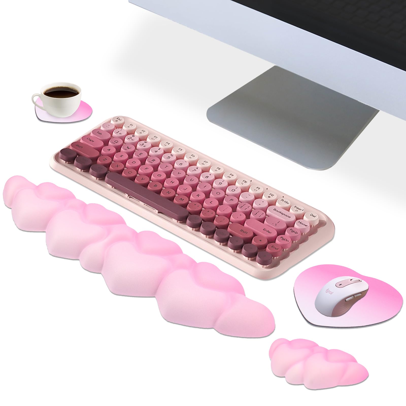 Photo 1 of Cloud Mouse Pad and Keyboard Wrist Rest Set,4 Pcs Pink Ergonomic Arm Support for Computer Desk,Cute Palm Resting Cushion with Mousepad & Coaster | Office Computer Laptop Typing Pain Relief Love Heart