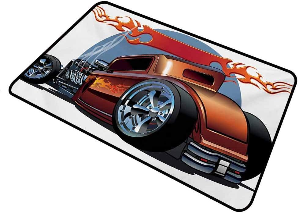 shirlyhome Printed Doormat Cars Long Lasting Mat for Grip Cartoon Hot Rod Antique Customized Classical American Engine Nostalgia Revival Rectangle 20 x 31 inch Orange Blue Black