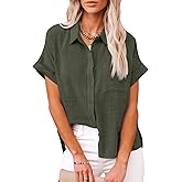Womens Casual Cotton Linen Button Down Short Sleeve Shirts Solid Summer Beach Blouses Tops with Pocket