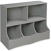 Badger Basket Multi-Bin Storage Cubby for Kids - Toy Organizer with 3 Cubbies, 2 Open Shelves, Display Top for Playroom or Bedroom - Storage Unit for Toys, Books &amp; More - Gray